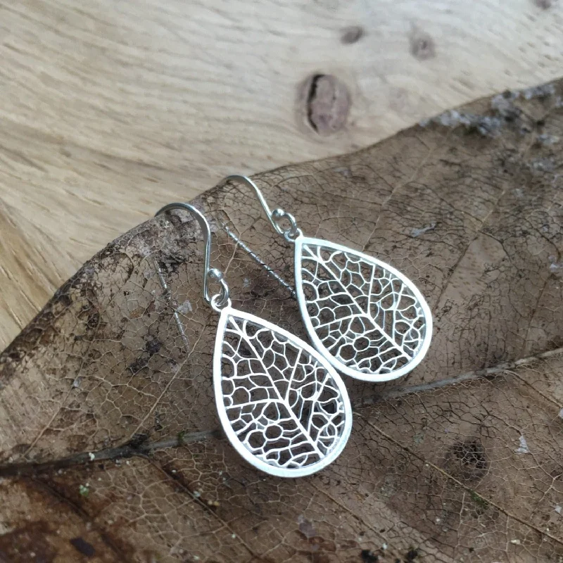 cubic zirconia earrings for women -Sterling Silver Skeleton Leaf Drop Earrings