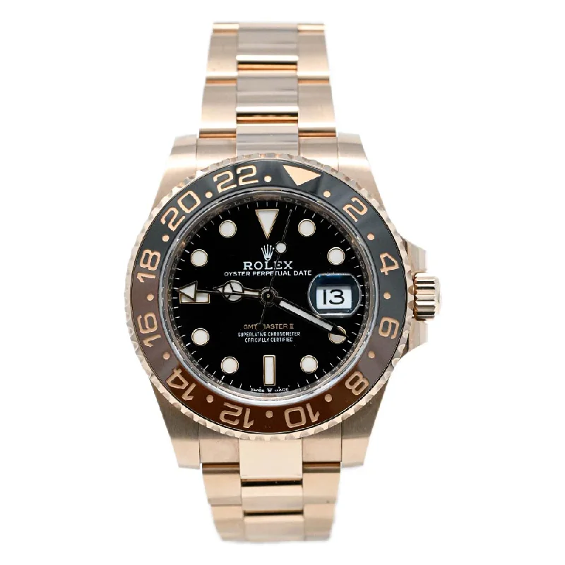 Rolex Mens GMT Master II "Rootbeer" 40mm Rose Gold Black Dot Dial Watch Reference# 126715CHNR