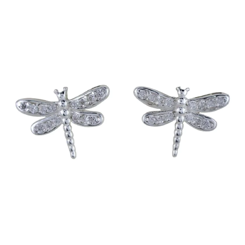 modern earrings for women -Sterling Silver Pavé Dragonfly Stud Earrings