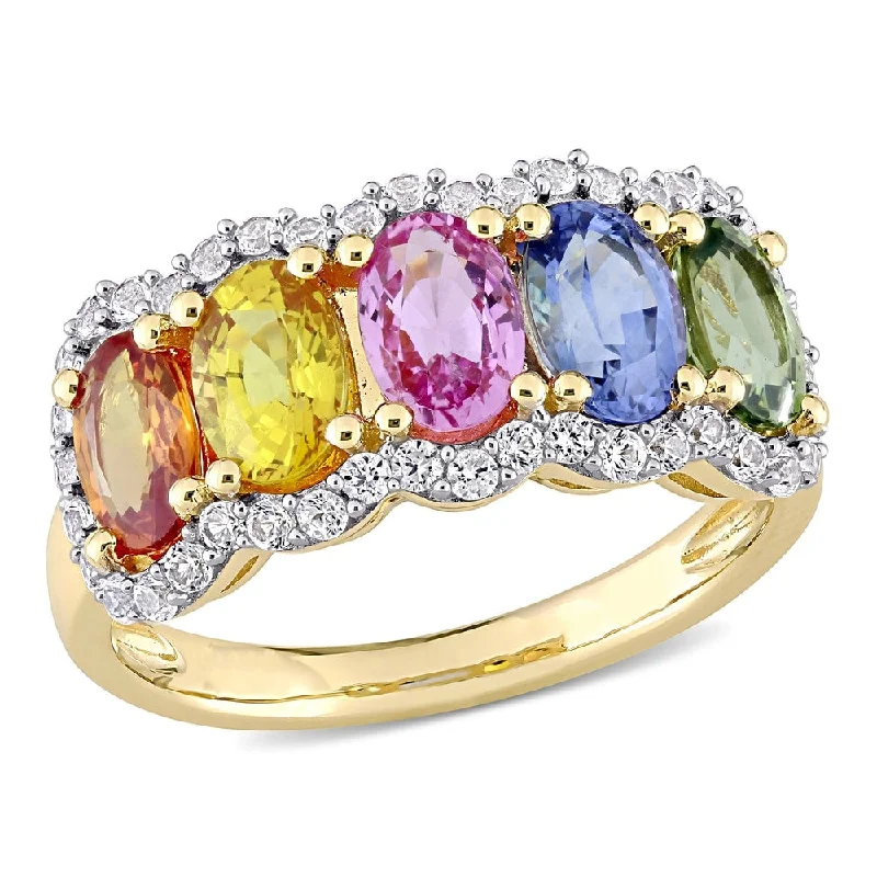 Miadora 14k Yellow Gold Oval-cut Multi-Color Sapphire 5-Stone Anniversary Band Ring